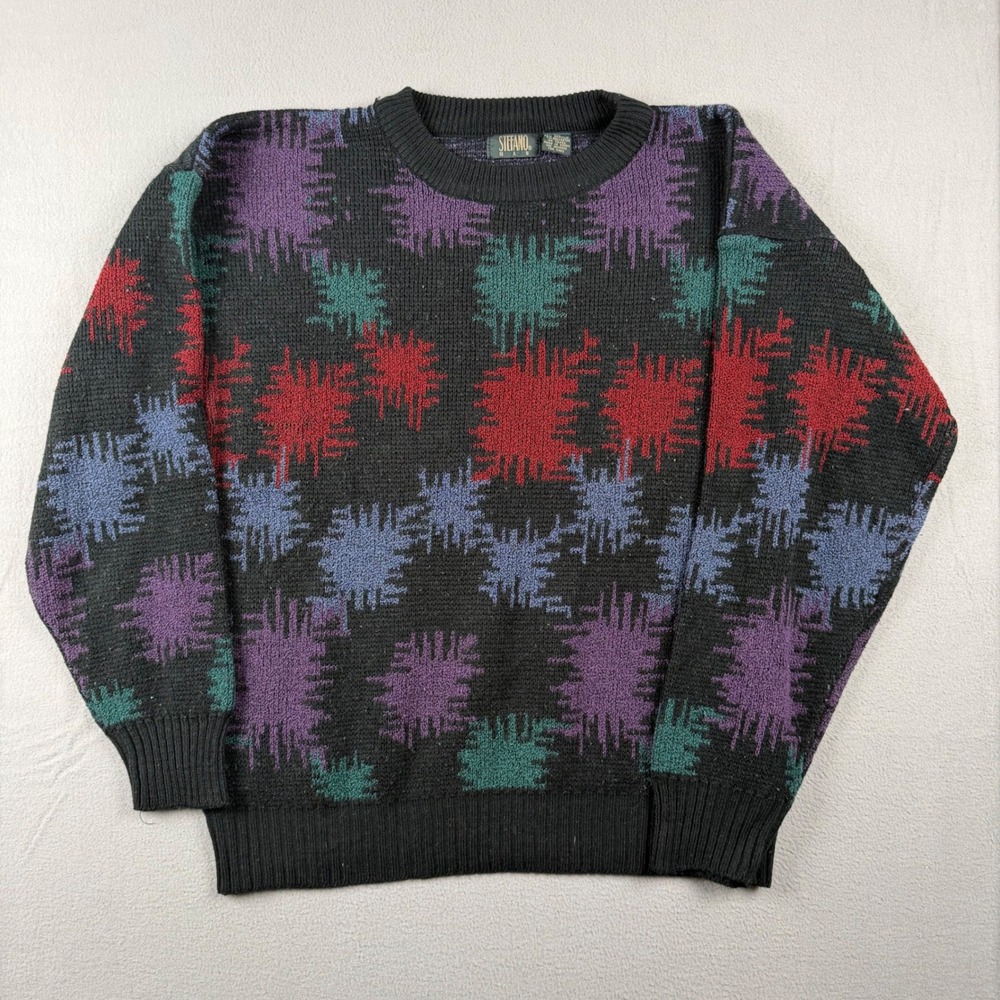 Vintage Stefano Man Knit Sweater Mens XL Black Abstract Geometric 90s Grandpa